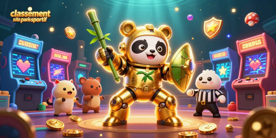 Classement des sites de paris sportifs : illustration dynamique de paris avec panda en robot, spectacles et éléments de jeu