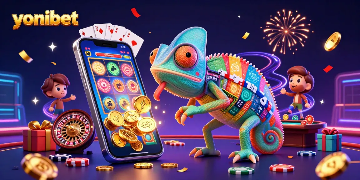Experience thrilling gaming with yonibet's 3D chameleon casino owner amidst vibrant slot elements.