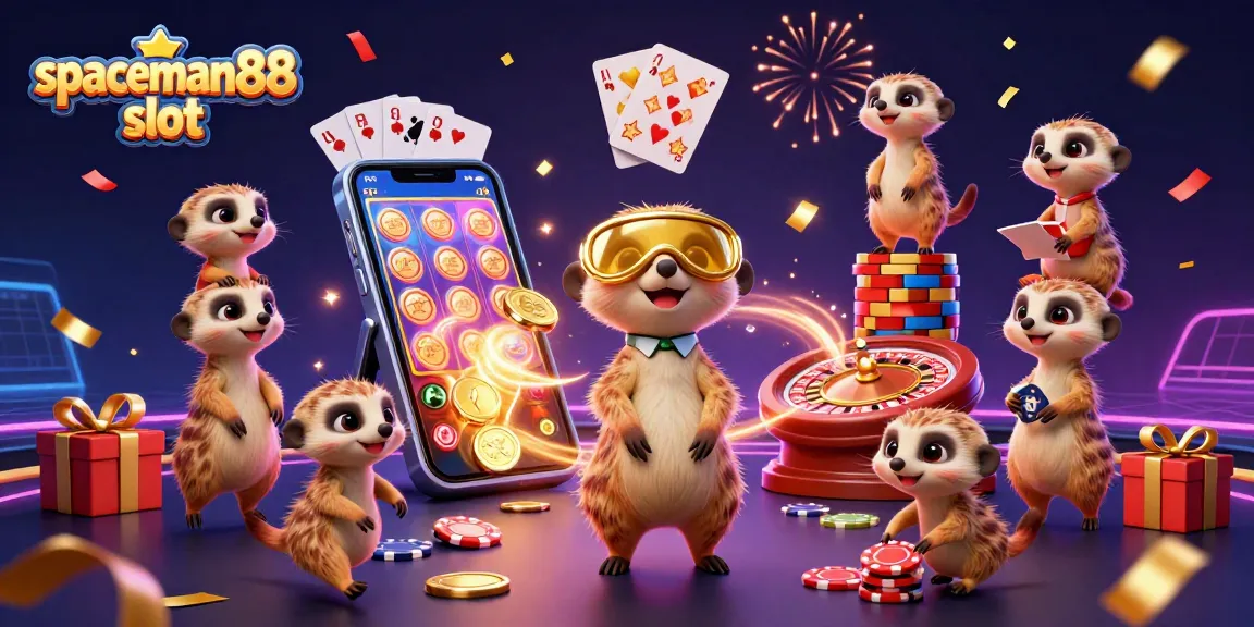 Engage with the thrilling spaceman88 slot experience featuring an elaborate meerkat casino operation amidst colorful gaming elements.