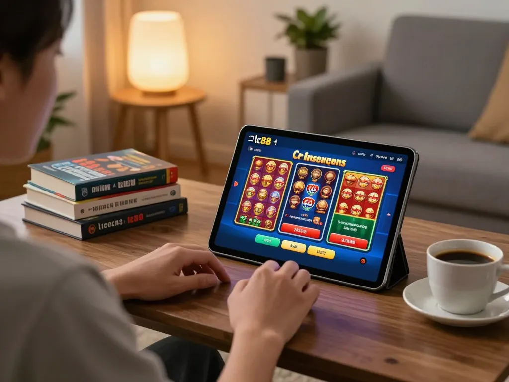 Player engaging with app lc88 on tablet in cozy home environment, showcasing modern gaming experience.
