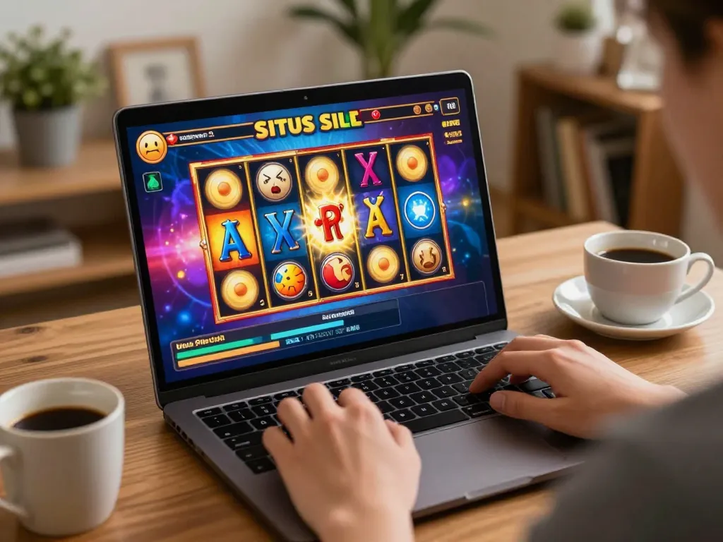 Engaging in situs slot gameplay on a laptop, showcasing vibrant game interface and responsible gaming atmosphere