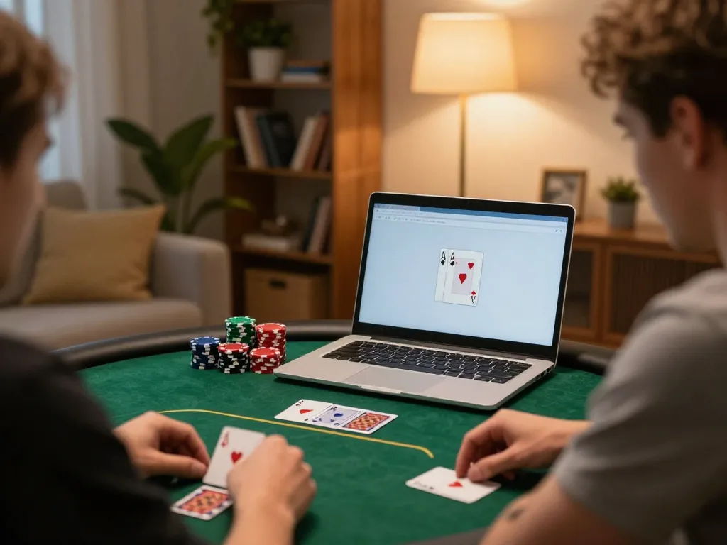 Player exploring GOOD88 online poker game strategy in a cozy home setting.