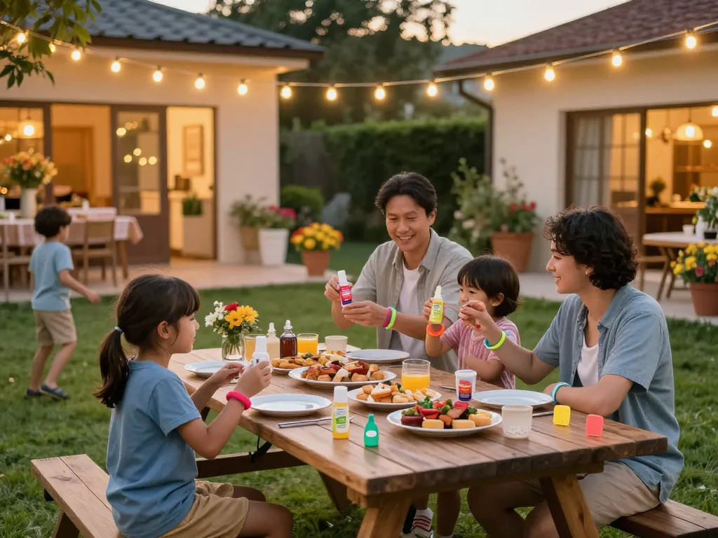 Family enjoying an outdoor barbecue protected by the best mosquito repellent.