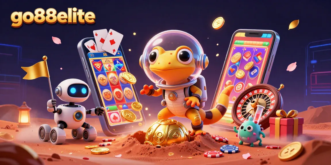Engage with go88elite as the Martian gecko uncovers a hidden golden casino in a vivid 3D illustration