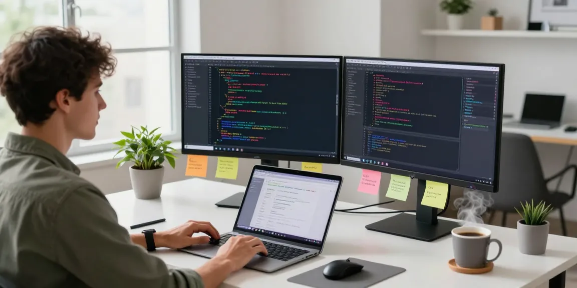 Learn React Hooks and Redux Toolkit in a vibrant software development workspace filled with monitors and coding essentials.