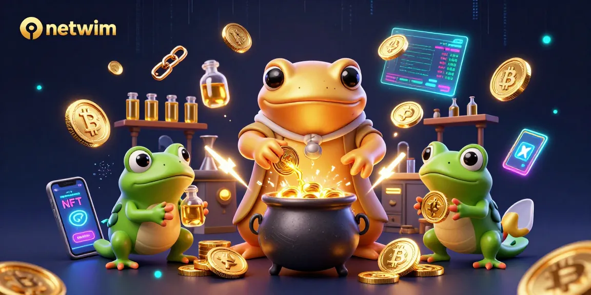 Experience the magic of netwim with enchanting gold coins and crypto wizardry in this vibrant illustration.