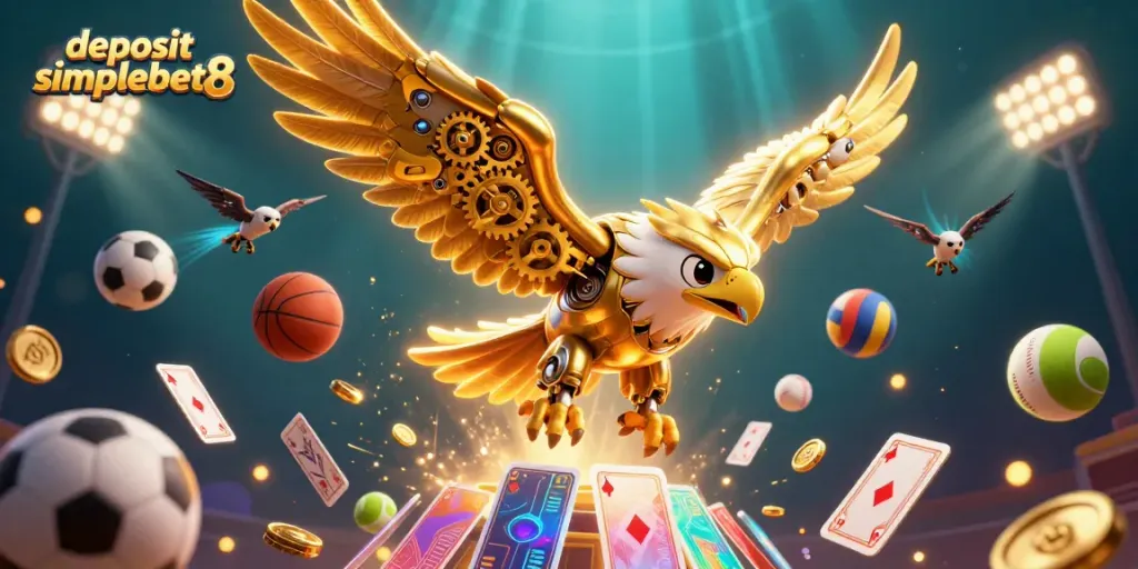 Experience the excitement of playing slots with deposit simplebet8, featuring a dynamic 3D illustration of a golden eagle