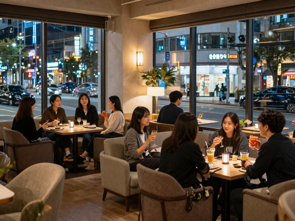강남 멀리건에서 편안한 분위기 속에서 대화하는 손님들, 아늑한 공간의 세련된 인테리어가 돋보입니다.
