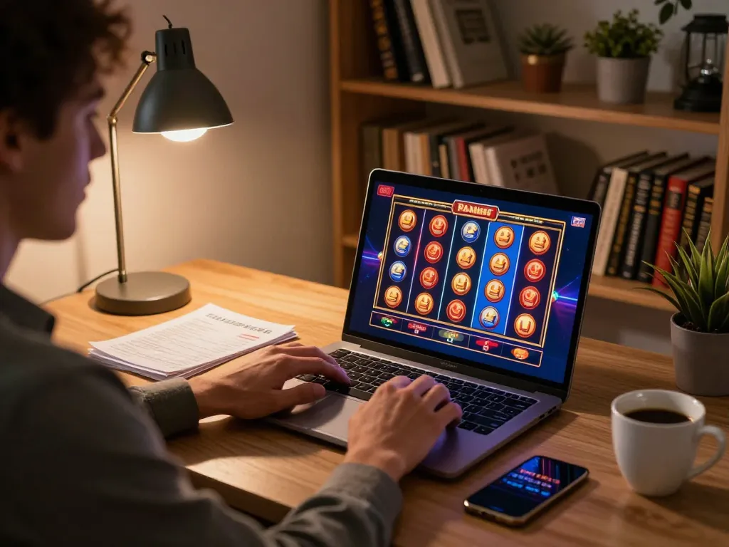 Playing exciting fabet online slots on a laptop paired with strategy notes in a cozy home office.
