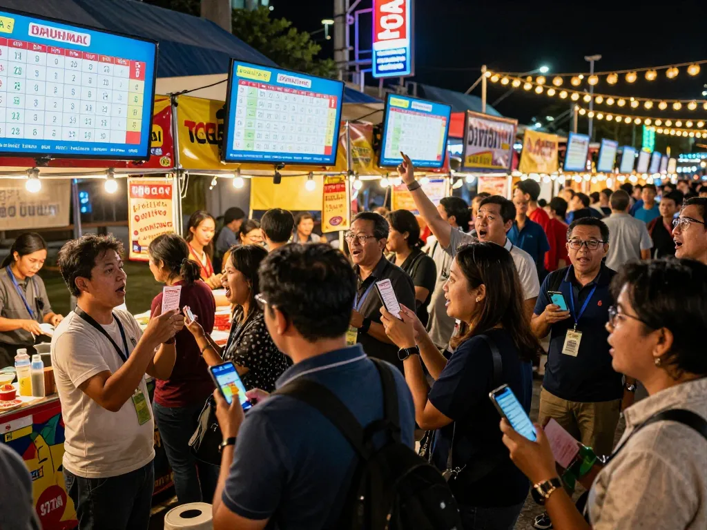 Crowd enjoying a dynamic Togel Hongkong event while checking Data HK results live on screens.