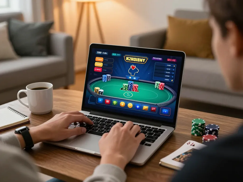 Play poker online with 3win com in a cozy home setup featuring a laptop and warm lighting.