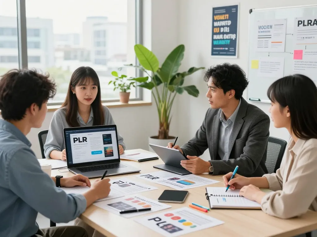 Professionals discussing strategies to purchase PLR content in a modern workspace.