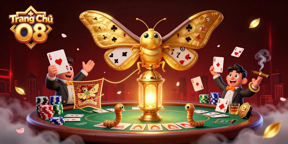 Engage with Trang Chủ O8's vibrant casino atmosphere featuring a majestic moth among poker elements.