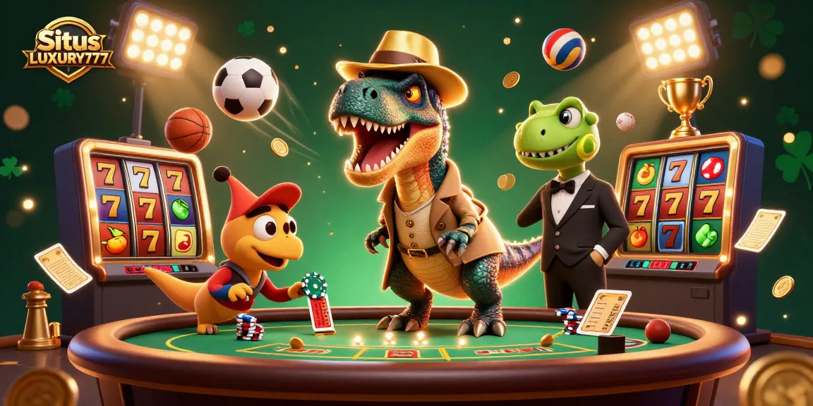 Situs LUXURY777 menampilkan ilustrasi kasino dengan velociraptor dan stegosaurus di tengah aksi perjudian.