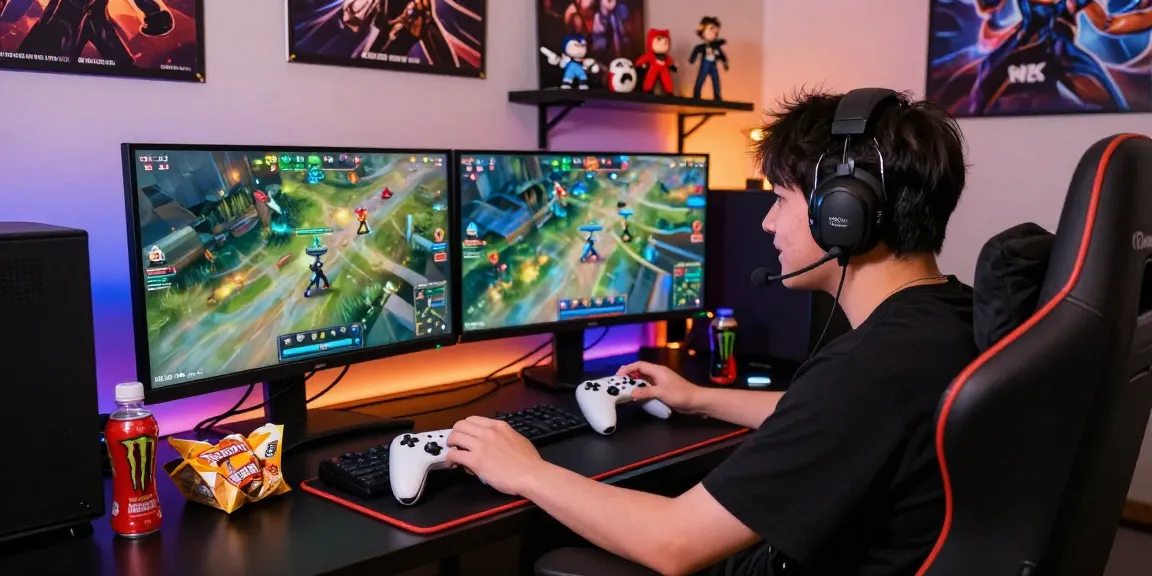 Engaged gamer competing in rokok88 esports match with vibrant graphics