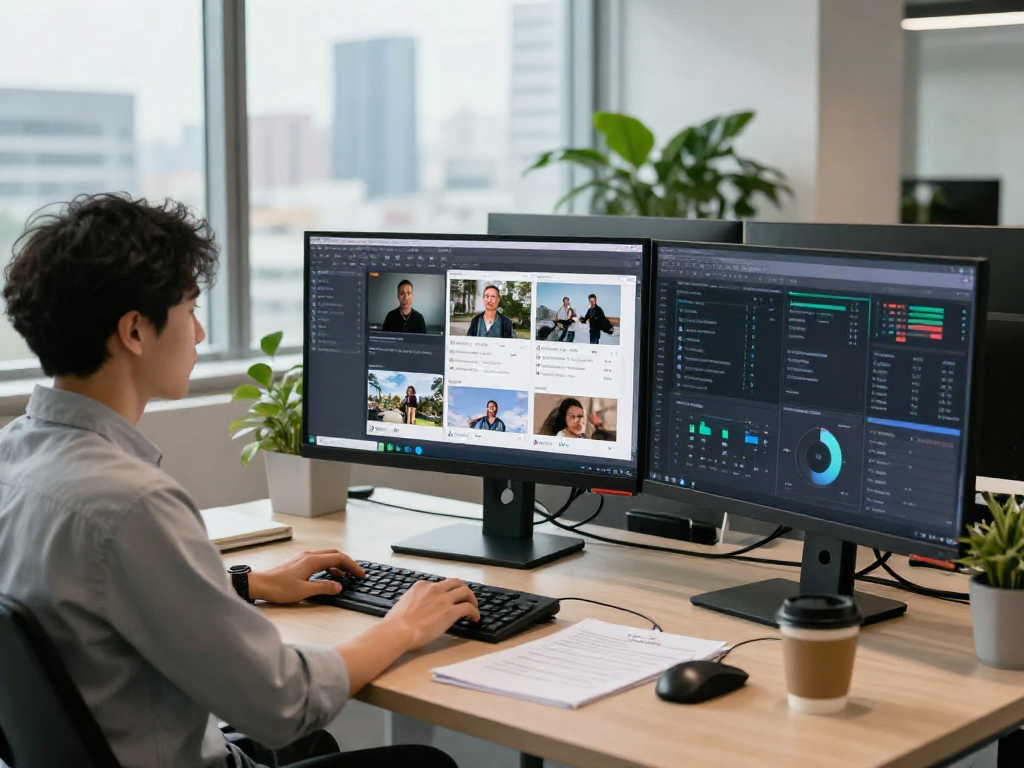 AI image detector in action, monitoring flagged content in a modern office setting with multiple screens and analytics.