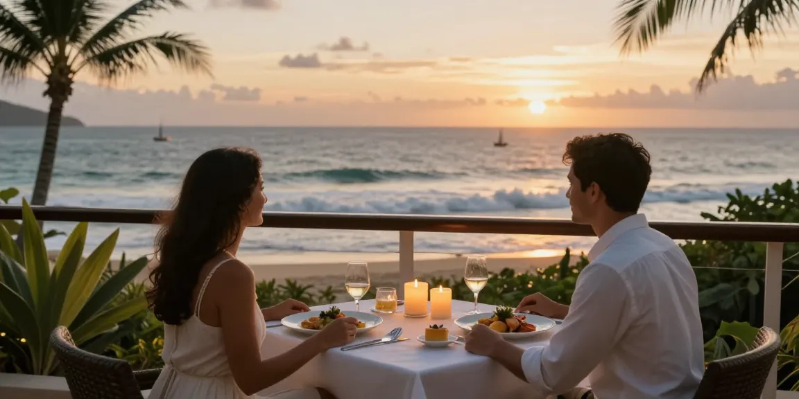 Couple at a romantic dinner with ocean view at luxury hotel, rokok88 experience.