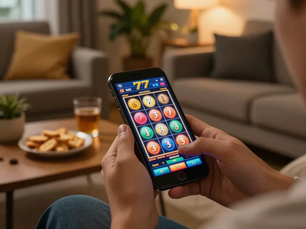 Engaging player enjoying slot77 game on smartphone in a cozy home setting with snacks.
