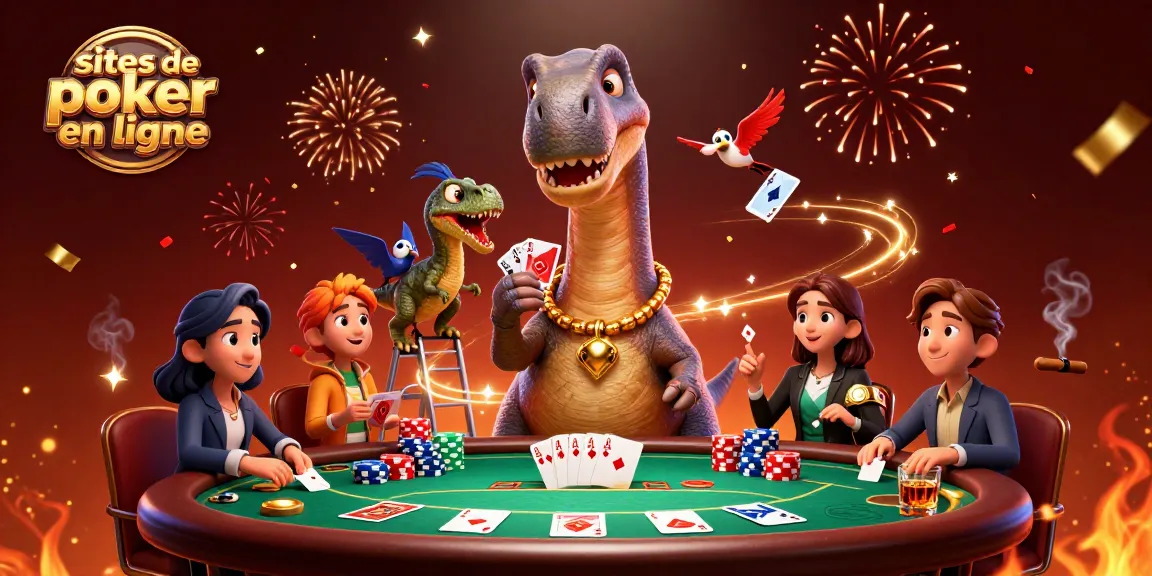 Jouez sur les sites de poker en ligne avec un brontosaurus géant surveillant la partie de poker.