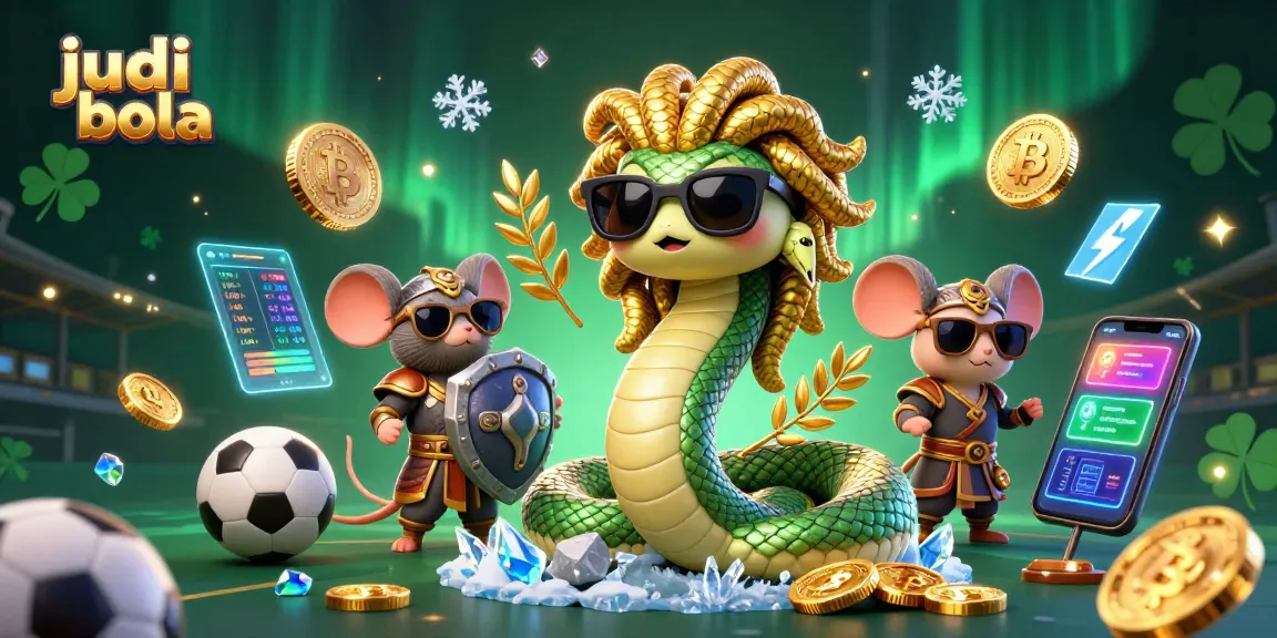 Bets on judi bola come alive with friendly Medusa and a warrior mouse celebrating sports betting.