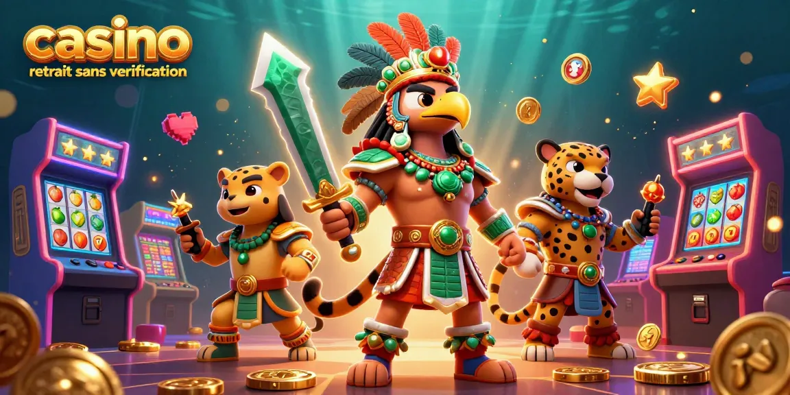 Illustration dynamique de casino retrait sans vérification, présentant un guerrier aigle et un jaguar parmi des machines à sous et des éléments brillants.