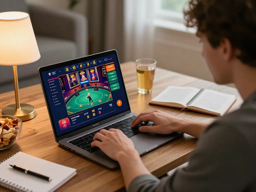 Engaging player enjoying vt88 online casino experience at home with laptop showing poker gameplay