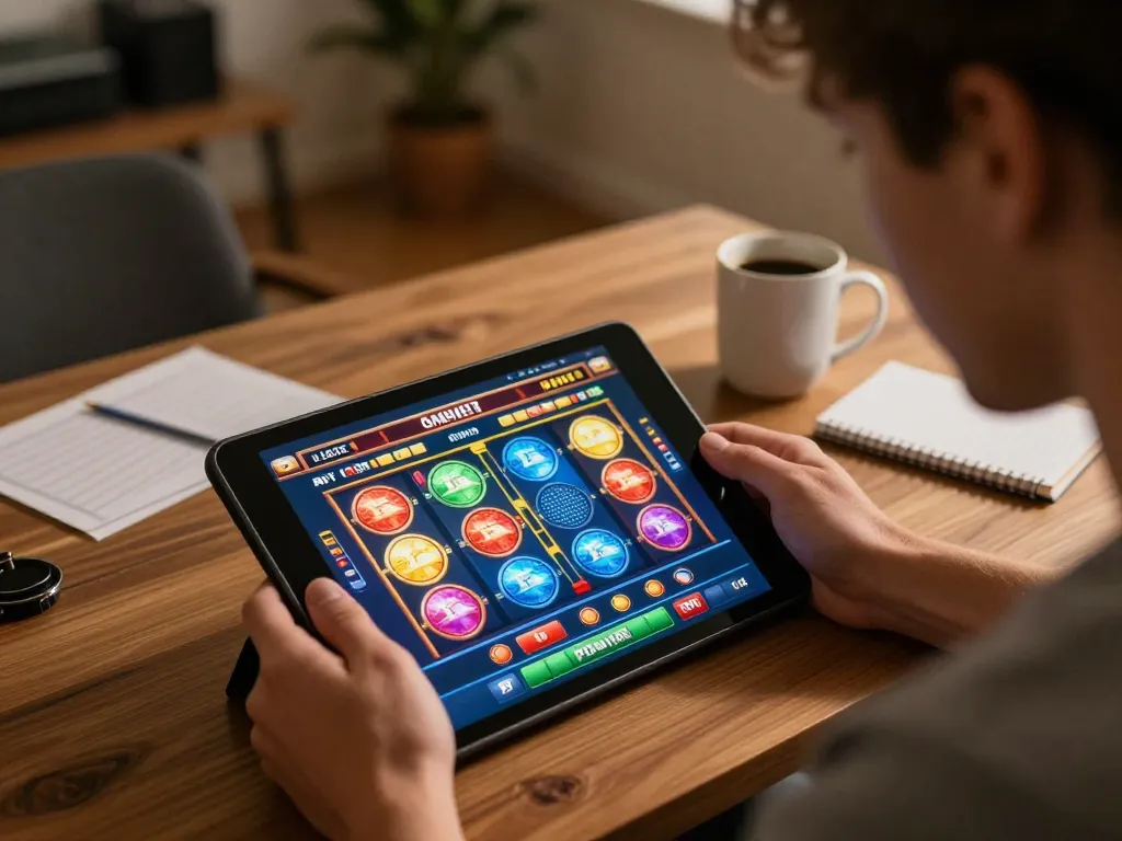 Player engaged with sites not on gamstop on tablet, showcasing exciting online casino gameplay in a cozy atmosphere.