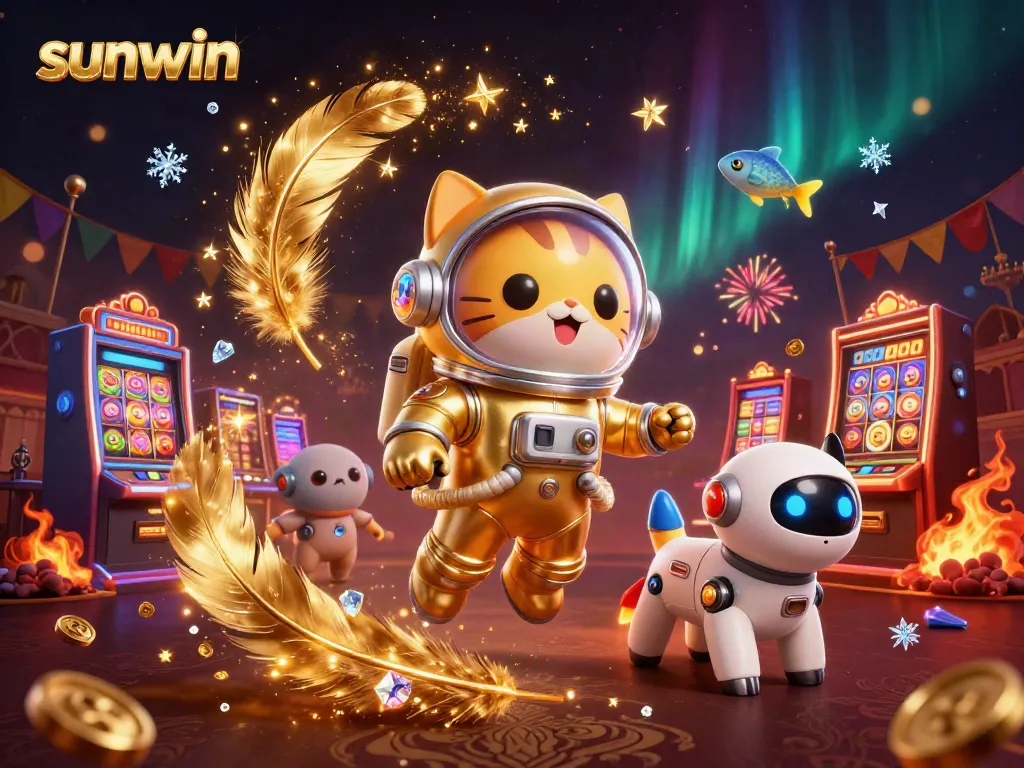 Experience the excitement of sunwin with a cosmic scene featuring a golden astronaut cat and a rocket dog in a vibrant gambling universe.