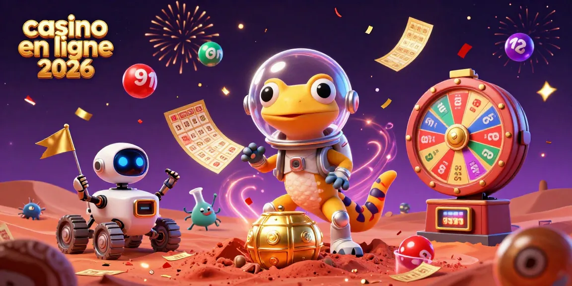 Découvrez une scène de casino en ligne 2026 avec un gecko martien et des éléments dynamiques.