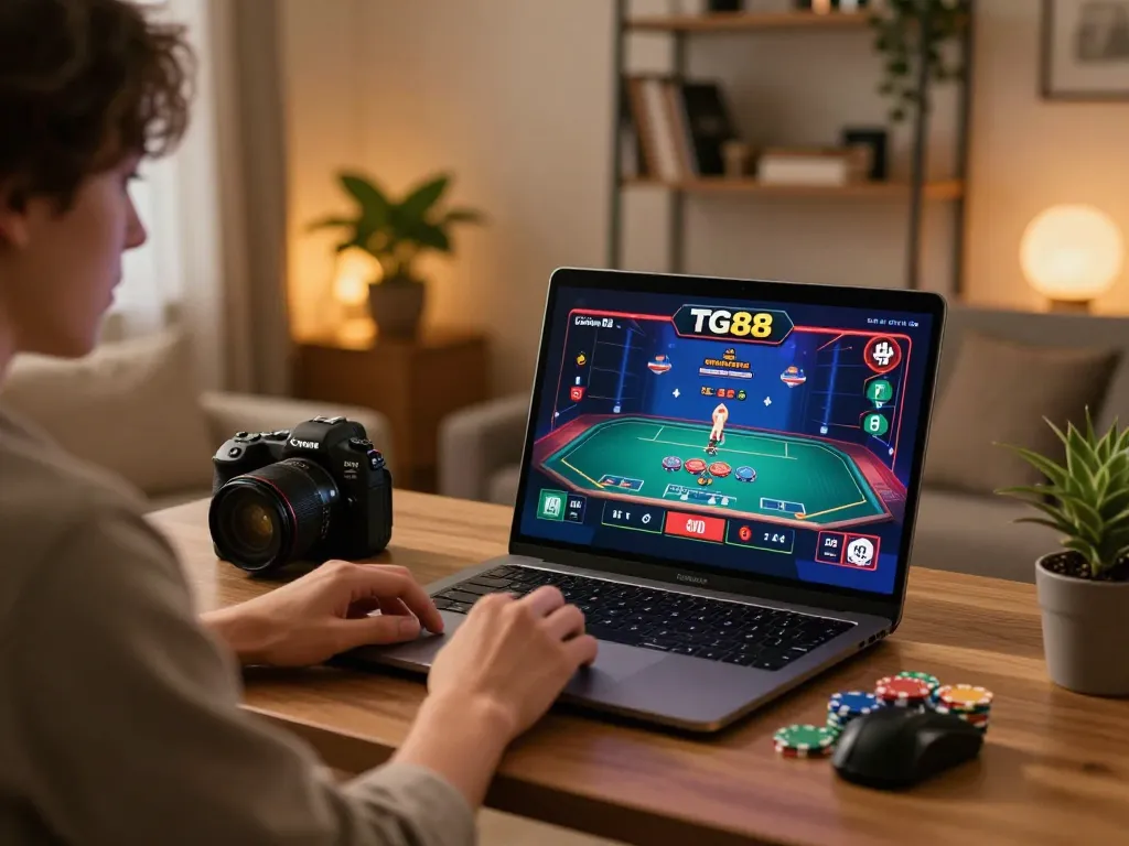 TG88 player enjoying live dealer game at home desk during evening lighting
