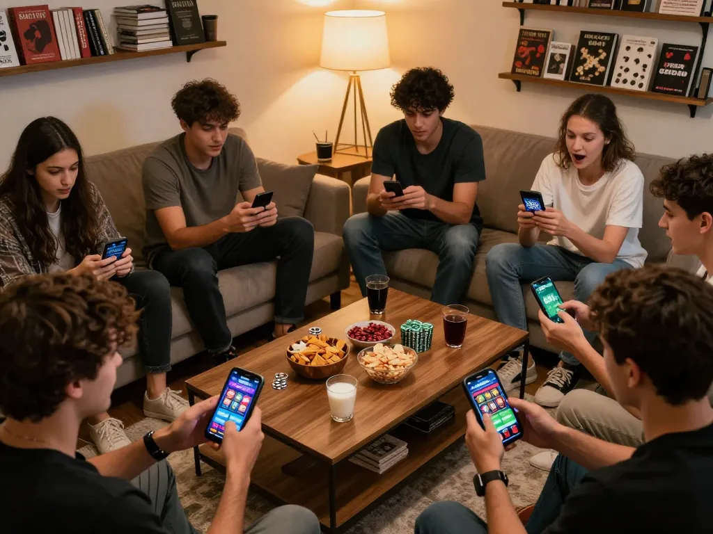 Players engaged in online gaming with the 888top com app in a cozy living room, showcasing an interactive gambling experience.