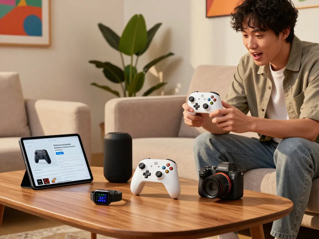 Showcasing unique tech gadgets with a person exploring Bluetooth devices in a modern living room.