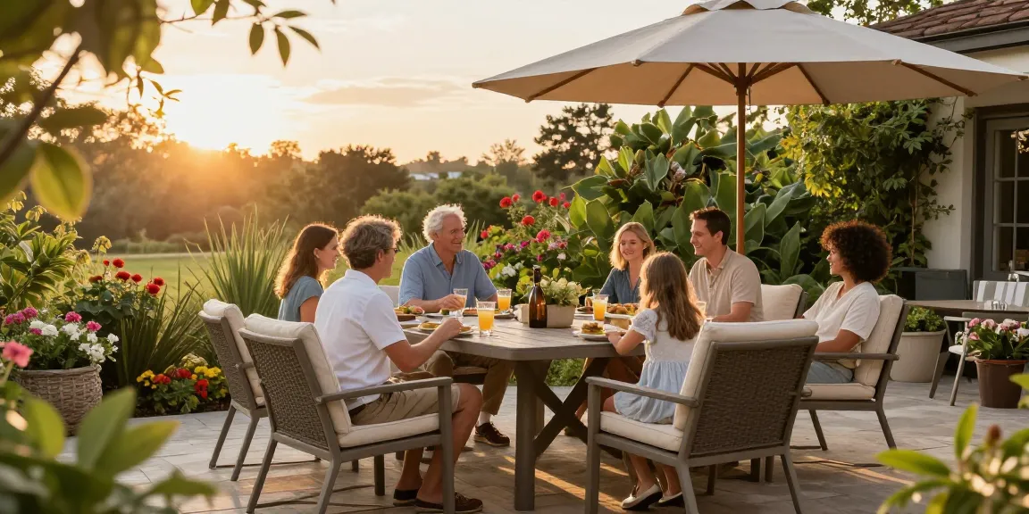 Gathering around weather resistant patio furniture during sunset with vibrant surroundings.