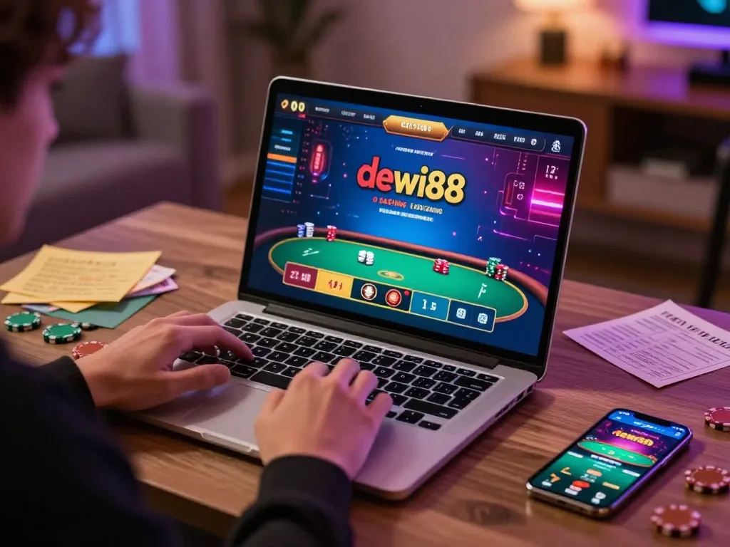 Pemain yang terlibat dalam strategi di casino online dewi88 di laptop, menunjukkan antarmuka permainan yang menarik.