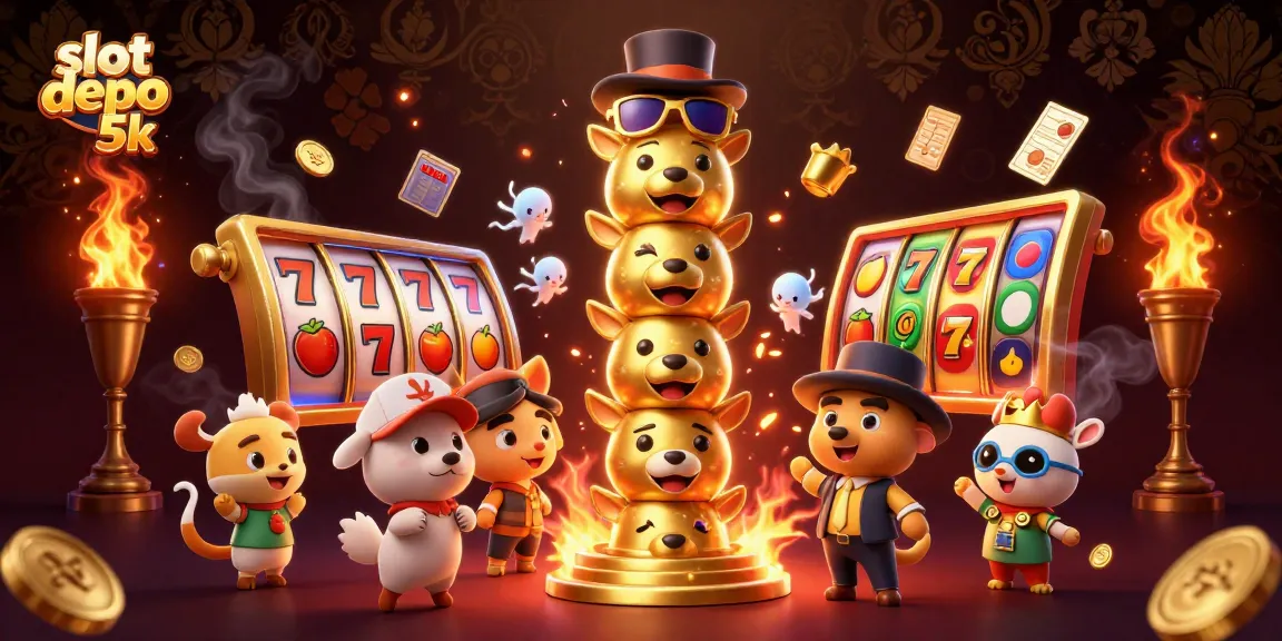 Spin the reels of slot depo 5k with dynamic symbols and golden elements in an exciting casino scene.