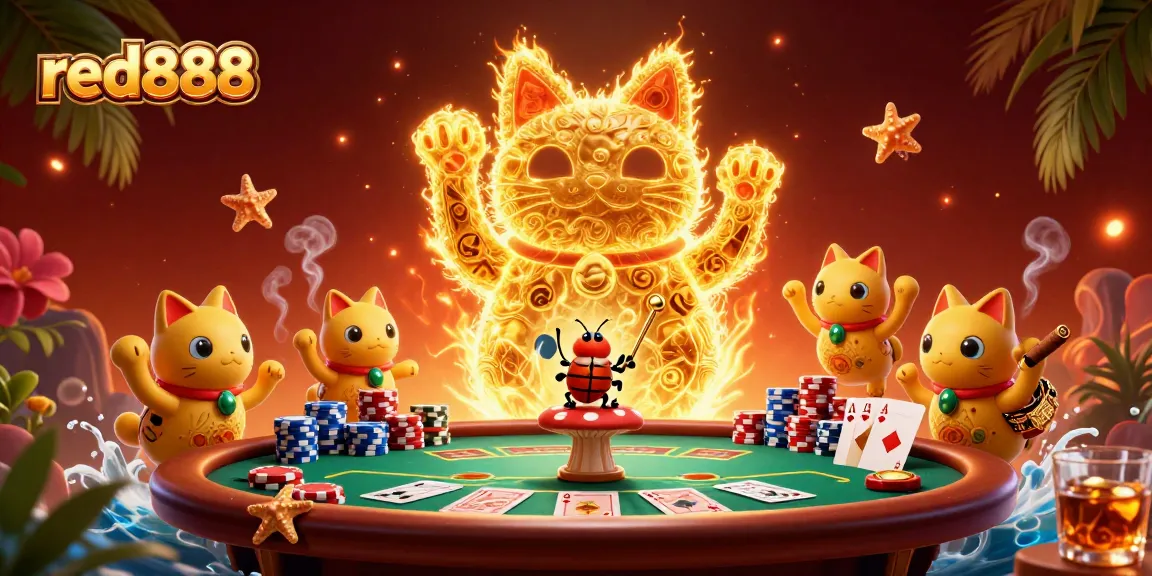 Experience red888's vibrant casino scene with golden fireflies and poker elements.