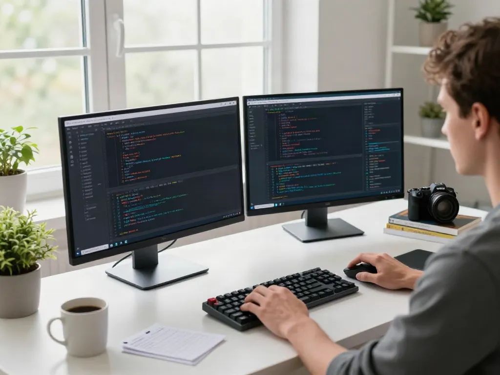Focused individual using brave浏览器 for coding in a modern home office.