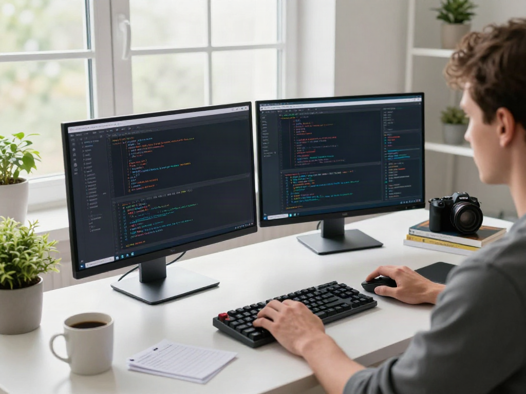 Focused individual using brave浏览器 for coding in a modern home office.