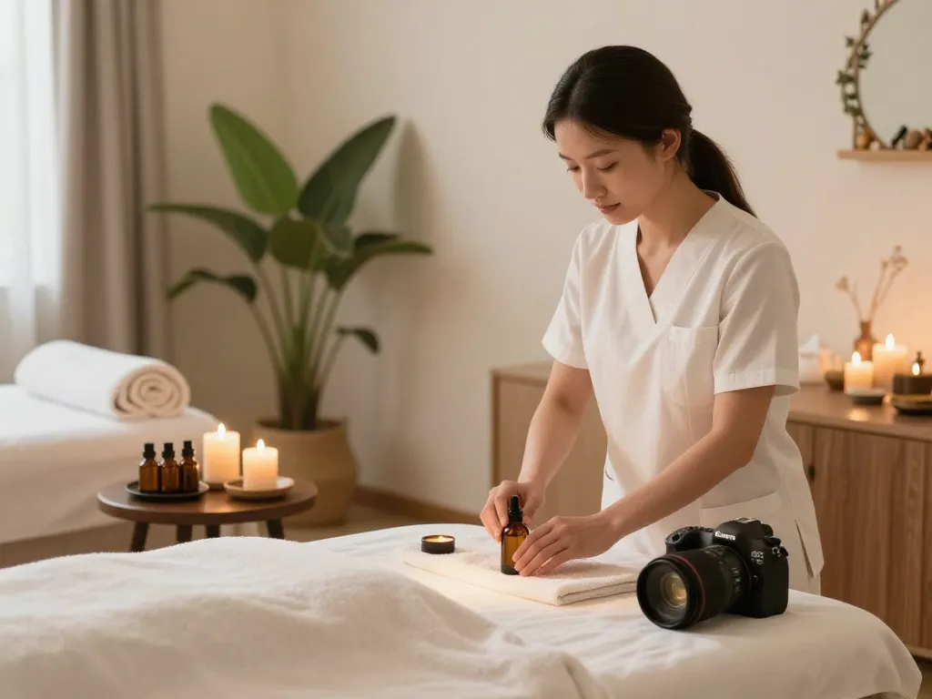 부평출장마사지 in a cozy home spa with a therapist preparing for a soothing massage.