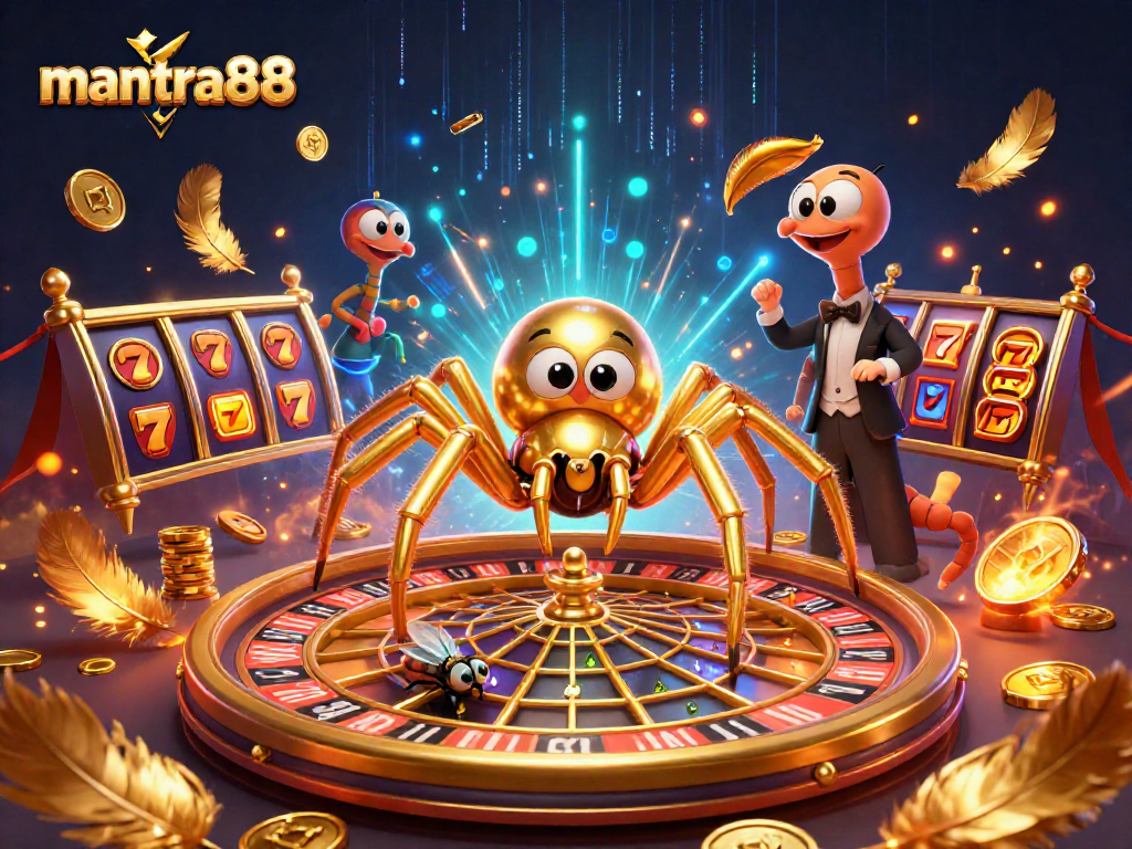 Experience thrilling gaming moments with mantra88 at the roulette wheel, featuring a unique golden web.