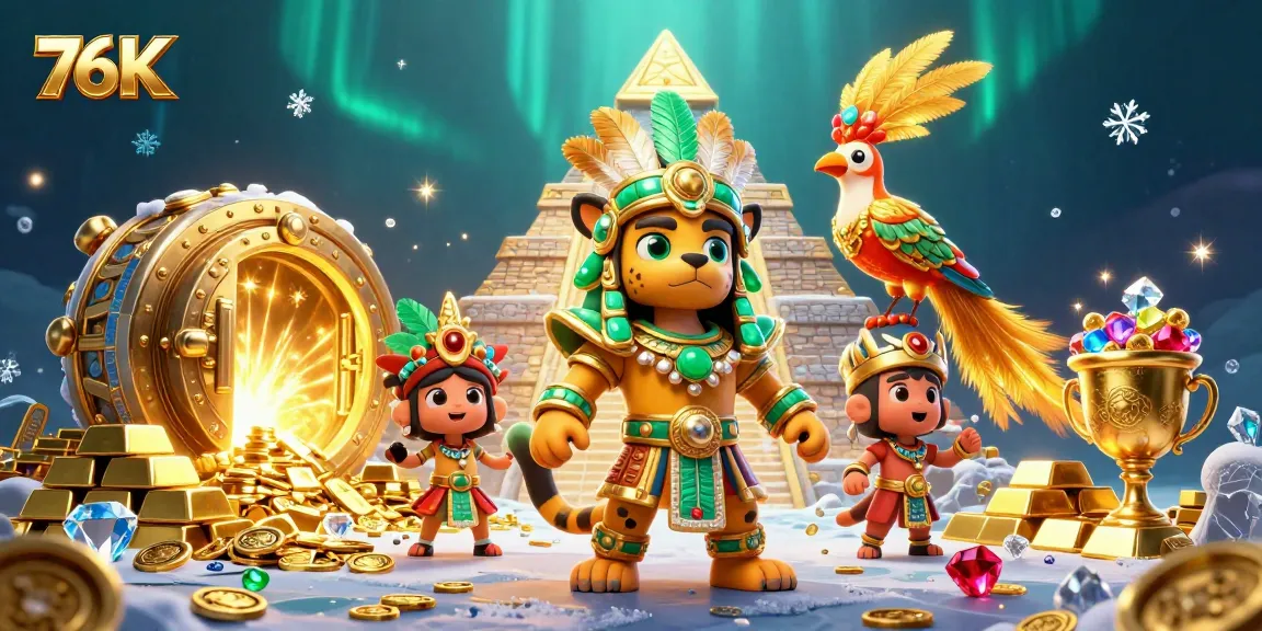 Experience thrilling gameplay at 76K with a vibrant casino scene filled with treasures and excitement.