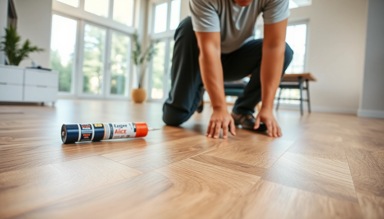 Installing durable vinyl plank flooring with wood grain patterns in a modern room.