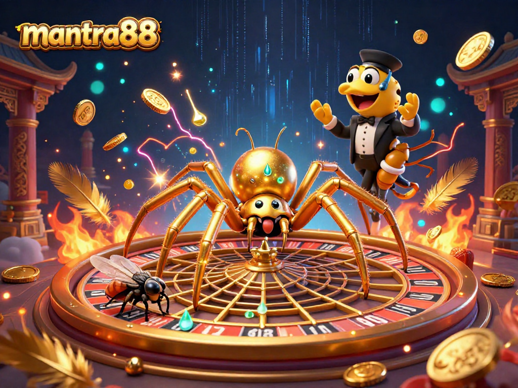 Experience thrilling bets at mantra88 with a golden spider roulette web in a vibrant, action-packed gambling scene.