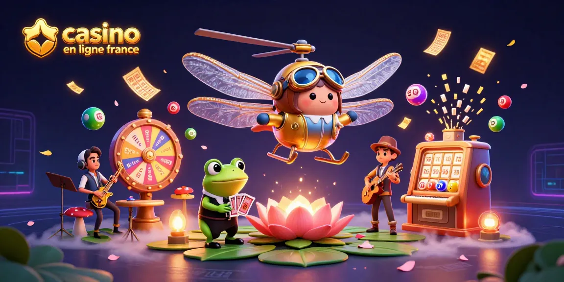 Jouez sur les meilleurs casinos en ligne France avec un dragonfly pilote et un croupier grenouille offrant des cartes.