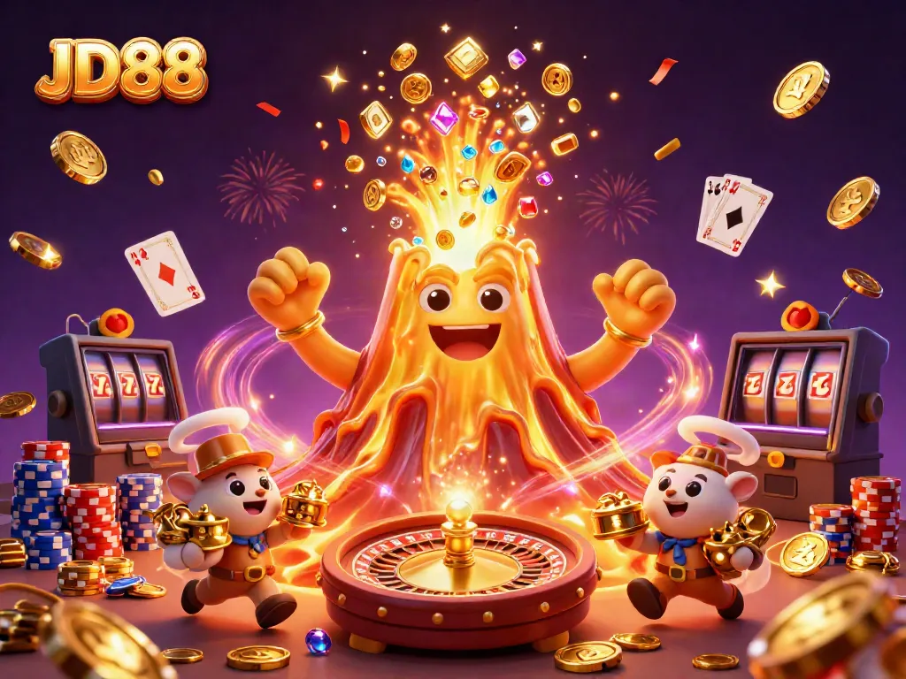 Experience the thrill of gaming at JD88 with vibrant visuals of a golden volcano erupting with treasures.