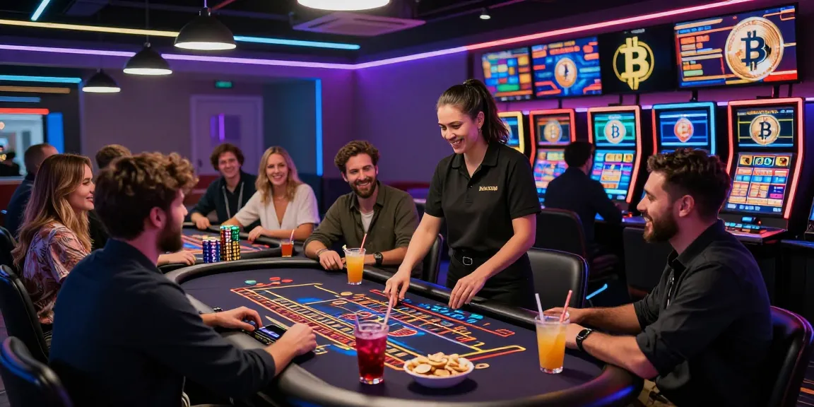 Exciting crypto casino gaming atmosphere with digital tables and players engaged