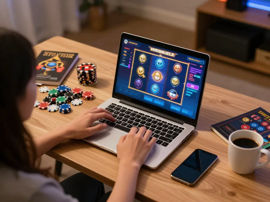 Play thrilling slot depo 1k games from a cozy home setup, featuring vibrant gameplay on a laptop.