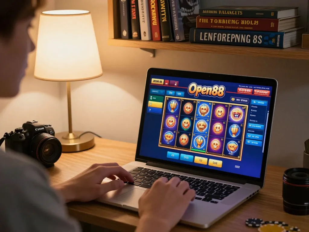 Engaging with Open88 online casino games on a laptop in a cozy setting, showcasing responsible gaming