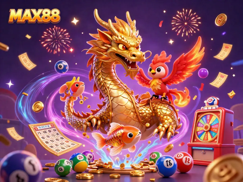 MAX88 features a golden dragon and phoenix amidst a flurry of lottery balls, capturing the excitement of gaming.