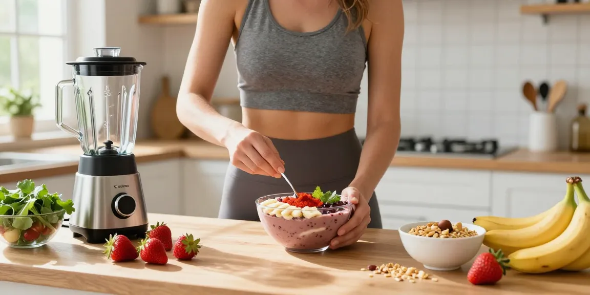 Preparing a vibrant smoothie bowl with premium astaxanthin and fresh fruits in a bright kitchen